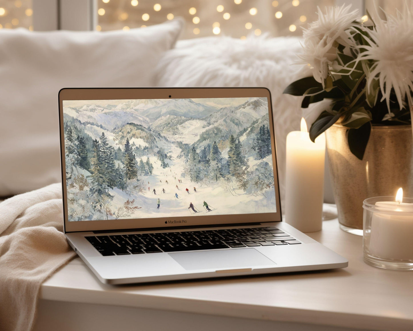 Skiing Desktop Wallpaper Set, Winter Landscape Phone Wallpaper, Holiday iPhone Wallpaper, iPad Background Vintage Style | WS142