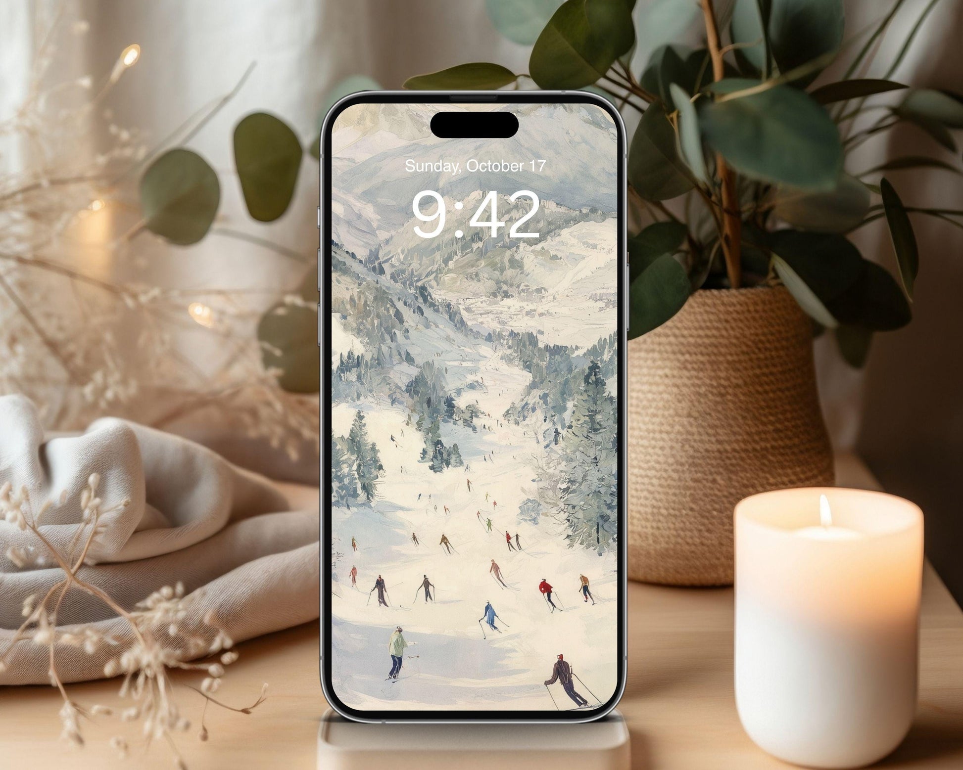 Skiing Desktop Wallpaper Set, Winter Landscape Phone Wallpaper, Holiday iPhone Wallpaper, iPad Background Vintage Style | WS142