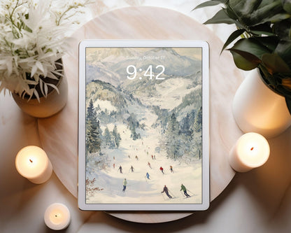 Skiing Desktop Wallpaper Set, Winter Landscape Phone Wallpaper, Holiday iPhone Wallpaper, iPad Background Vintage Style | WS142