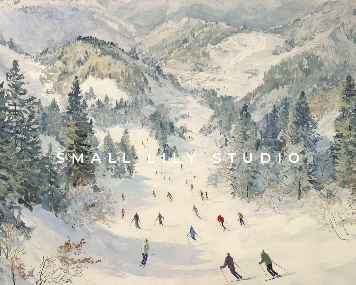 Skiing Desktop Wallpaper Set, Winter Landscape Phone Wallpaper, Holiday iPhone Wallpaper, iPad Background Vintage Style | WS142