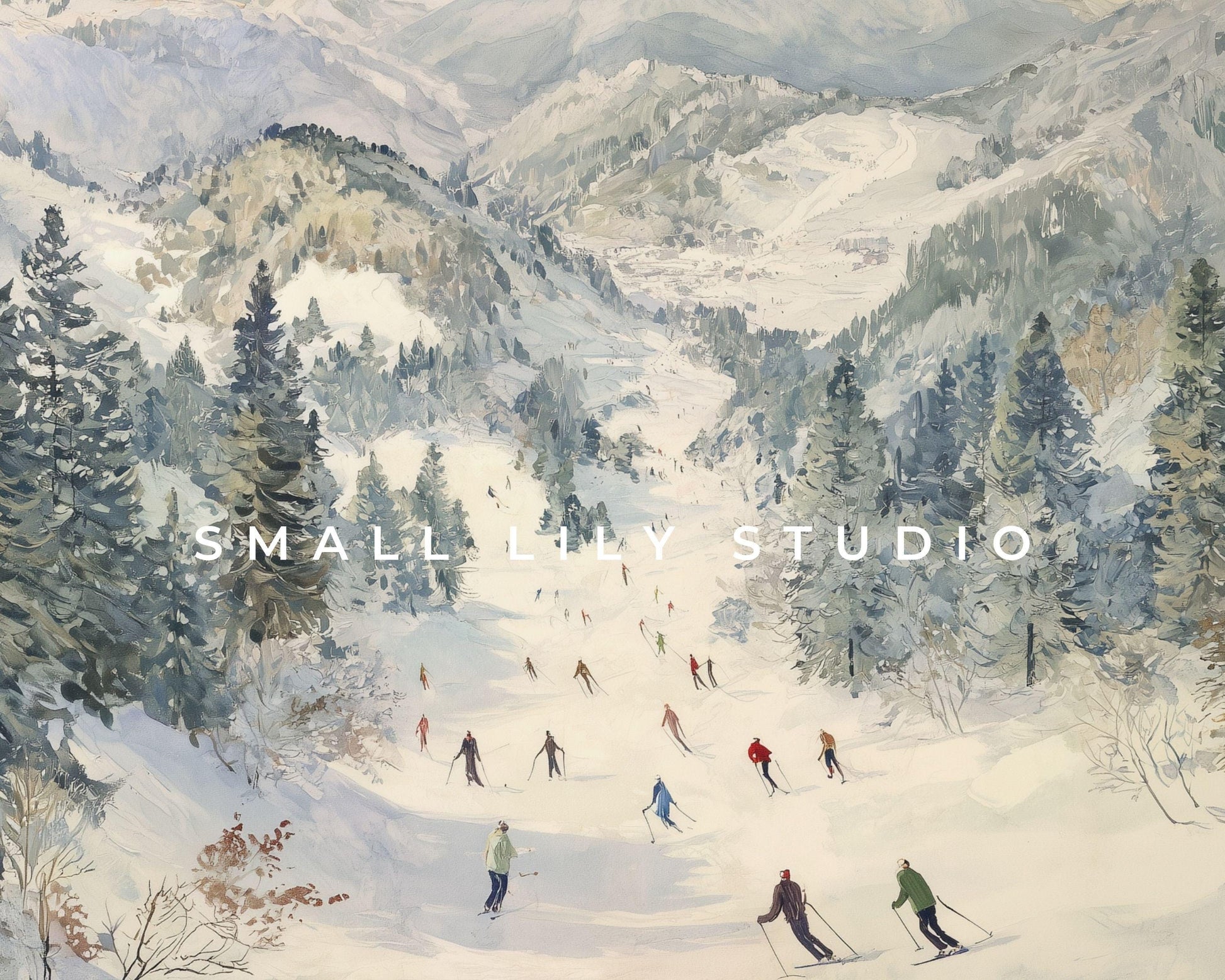 Skiing Desktop Wallpaper Set, Winter Landscape Phone Wallpaper, Holiday iPhone Wallpaper, iPad Background Vintage Style | WS142