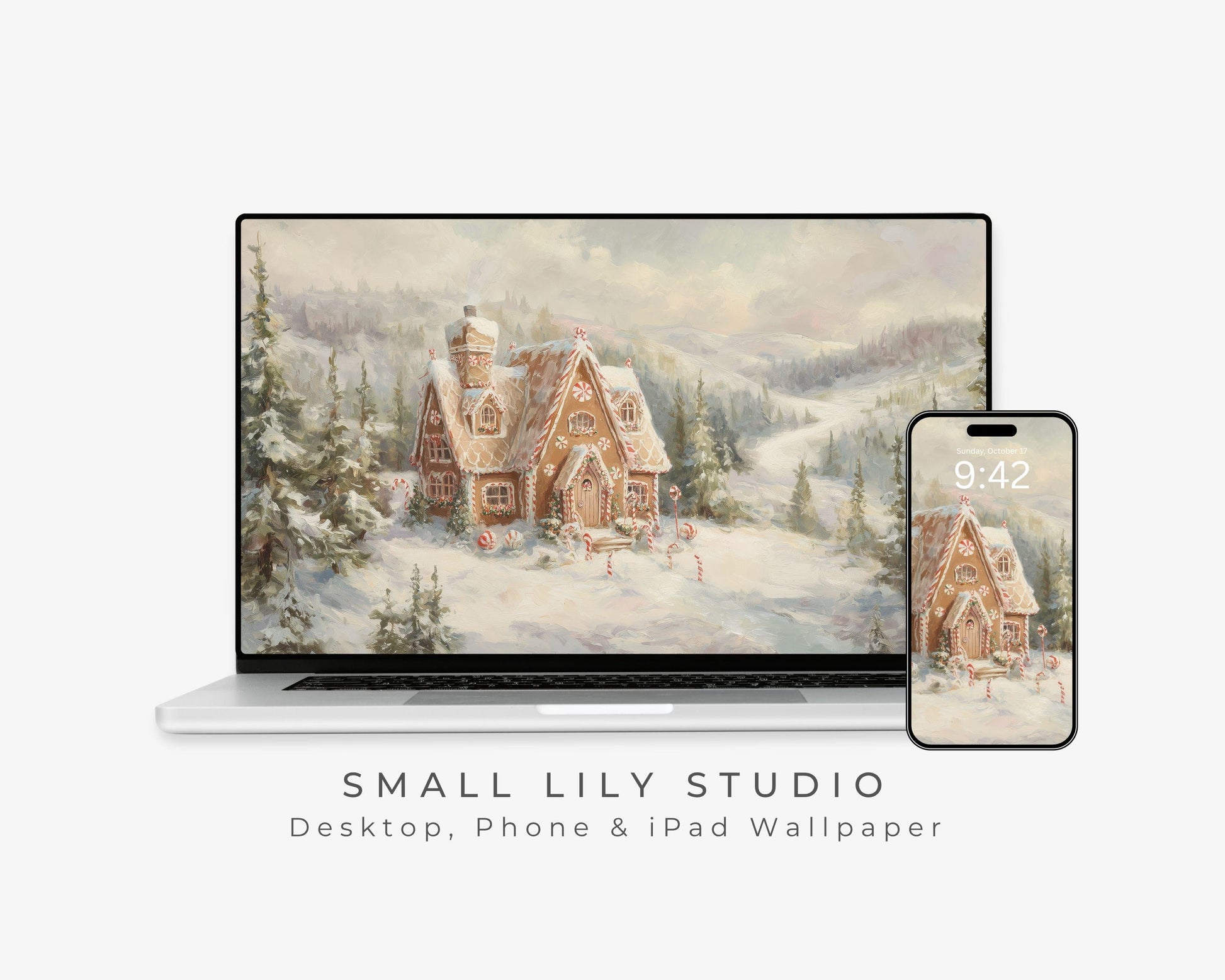 Gingerbread House Desktop Wallpaper Set, Christmas Phone Wallpaper, Winter Landscape iPhone Wallpaper, iPad Background Vintage Style | WS143