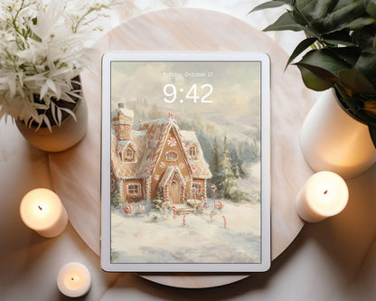 Gingerbread House Desktop Wallpaper Set, Christmas Phone Wallpaper, Winter Landscape iPhone Wallpaper, iPad Background Vintage Style | WS143