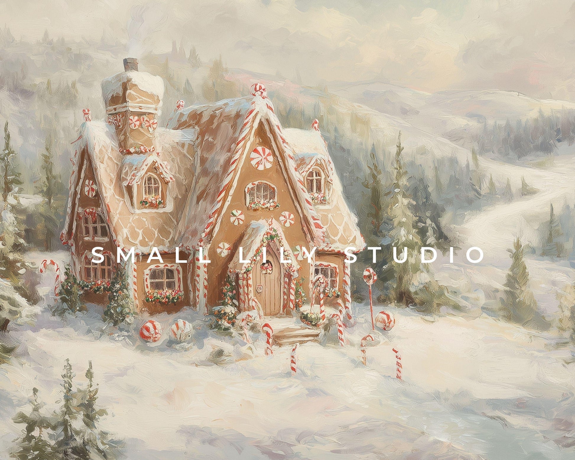 Gingerbread House Desktop Wallpaper Set, Christmas Phone Wallpaper, Winter Landscape iPhone Wallpaper, iPad Background Vintage Style | WS143