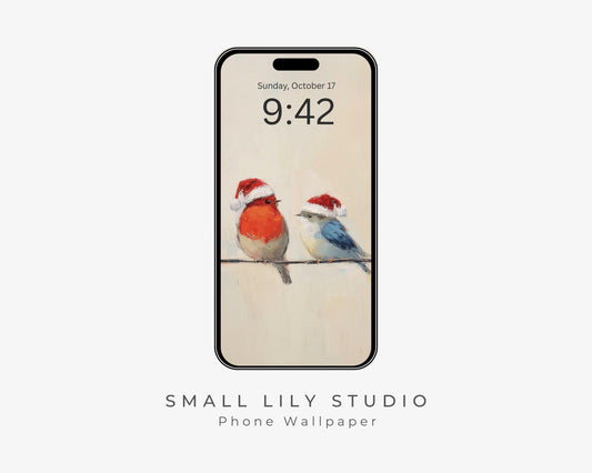 Birds in Santa Hats Phone Wallpaper, Christmas iPhone Wallpaper, Festive Samsung Galaxy Phone Background, Vintage Style Art | WP141
