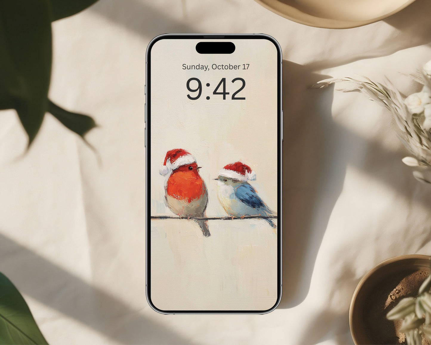 Birds in Santa Hats Phone Wallpaper, Christmas iPhone Wallpaper, Festive Samsung Galaxy Phone Background, Vintage Style Art | WP141