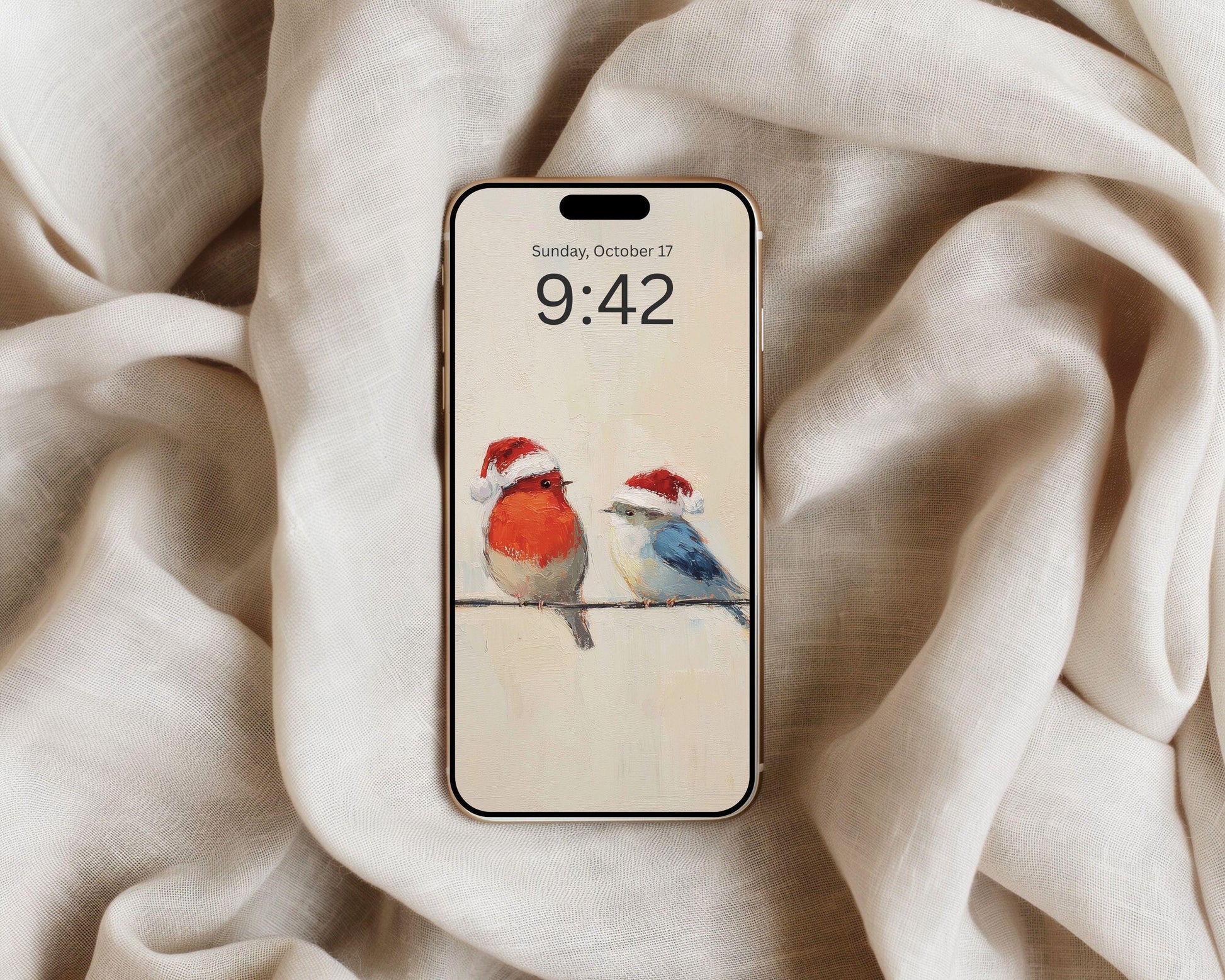 Birds in Santa Hats Phone Wallpaper, Christmas iPhone Wallpaper, Festive Samsung Galaxy Phone Background, Vintage Style Art | WP141