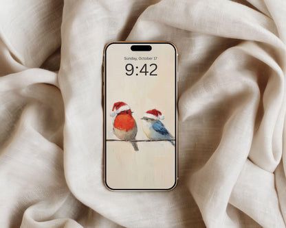 Birds in Santa Hats Phone Wallpaper, Christmas iPhone Wallpaper, Festive Samsung Galaxy Phone Background, Vintage Style Art | WP141