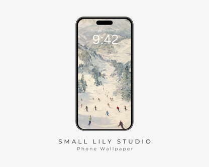Skiing Phone Wallpaper, Winter Landscape iPhone Wallpaper, Holiday Samsung Galaxy Phone Background, Vintage Style Art | WP142