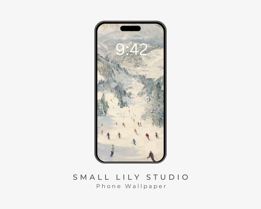 Skiing Phone Wallpaper, Winter Landscape iPhone Wallpaper, Holiday Samsung Galaxy Phone Background, Vintage Style Art | WP142