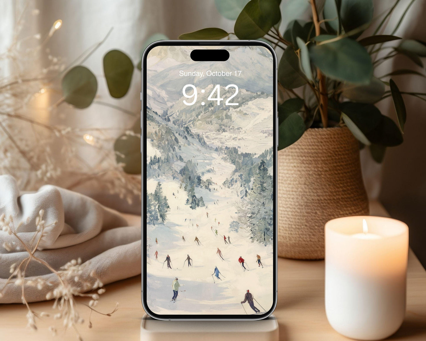 Skiing Phone Wallpaper, Winter Landscape iPhone Wallpaper, Holiday Samsung Galaxy Phone Background, Vintage Style Art | WP142