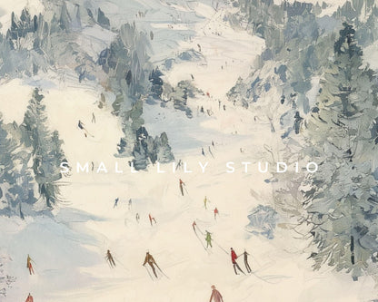 Skiing Phone Wallpaper, Winter Landscape iPhone Wallpaper, Holiday Samsung Galaxy Phone Background, Vintage Style Art | WP142