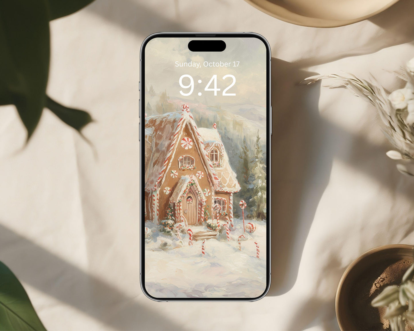 Gingerbread House Phone Wallpaper, Christmas iPhone Wallpaper, Winter Landscape Samsung Galaxy Phone Background, Vintage Style Art | WP143