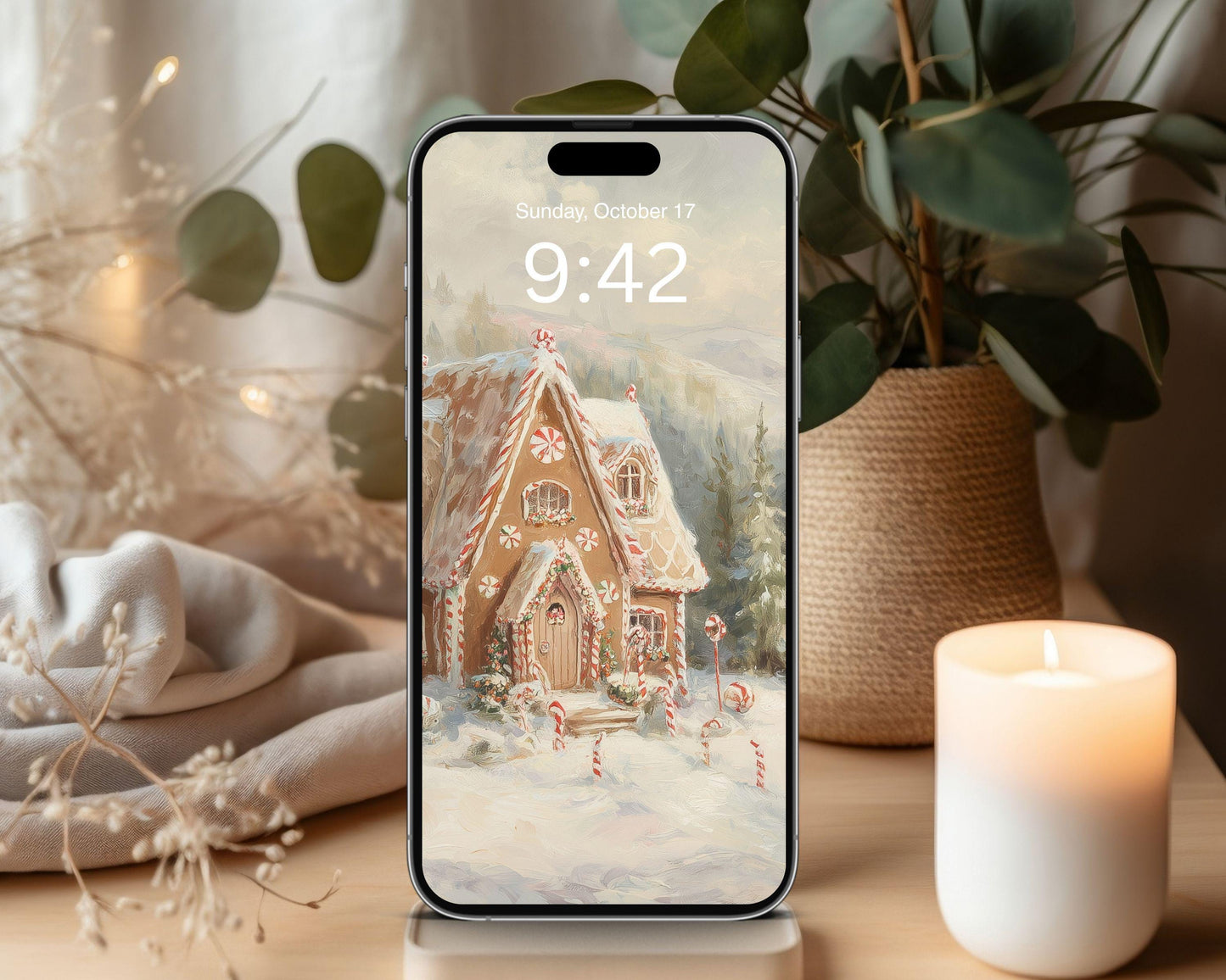 Gingerbread House Phone Wallpaper, Christmas iPhone Wallpaper, Winter Landscape Samsung Galaxy Phone Background, Vintage Style Art | WP143