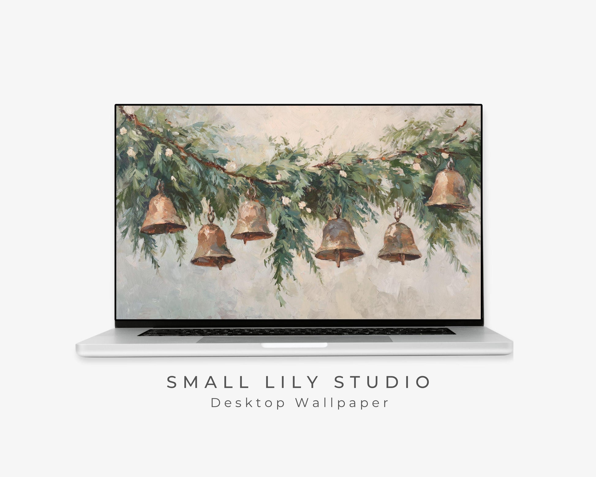 Christmas Bells Desktop Wallpaper, Holiday Macbook Wallpaper, Festive Laptop Background, Vintage Style Painting | WD140