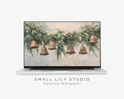 Christmas Bells Desktop Wallpaper, Holiday Macbook Wallpaper, Festive Laptop Background, Vintage Style Painting | WD140