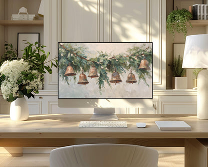 Christmas Bells Desktop Wallpaper, Holiday Macbook Wallpaper, Festive Laptop Background, Vintage Style Painting | WD140
