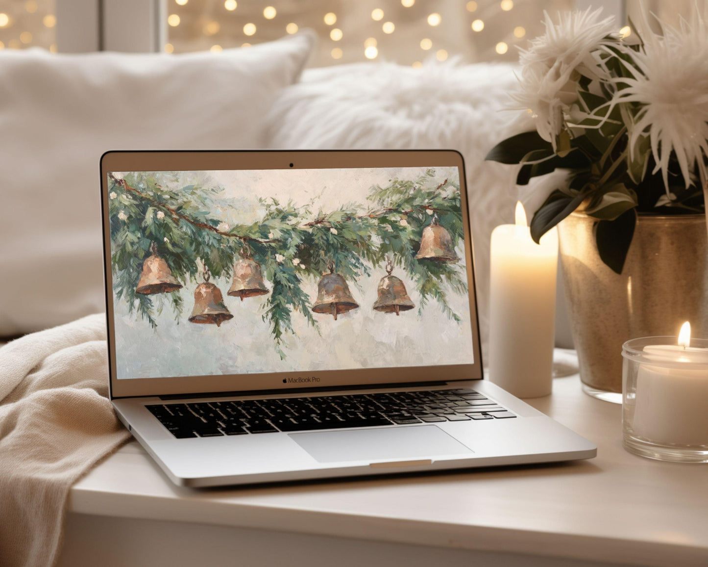 Christmas Bells Desktop Wallpaper, Holiday Macbook Wallpaper, Festive Laptop Background, Vintage Style Painting | WD140