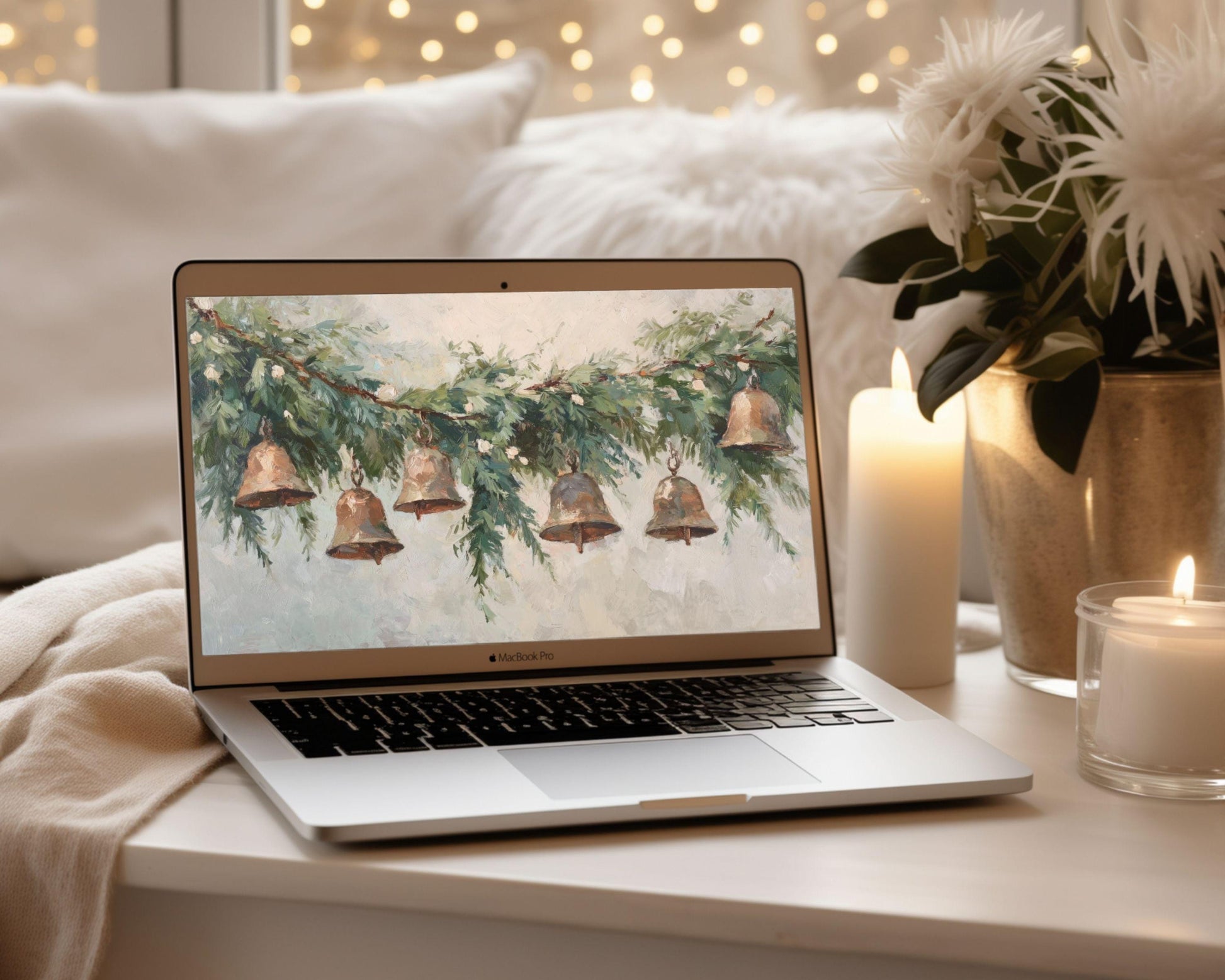 Christmas Bells Desktop Wallpaper, Holiday Macbook Wallpaper, Festive Laptop Background, Vintage Style Painting | WD140