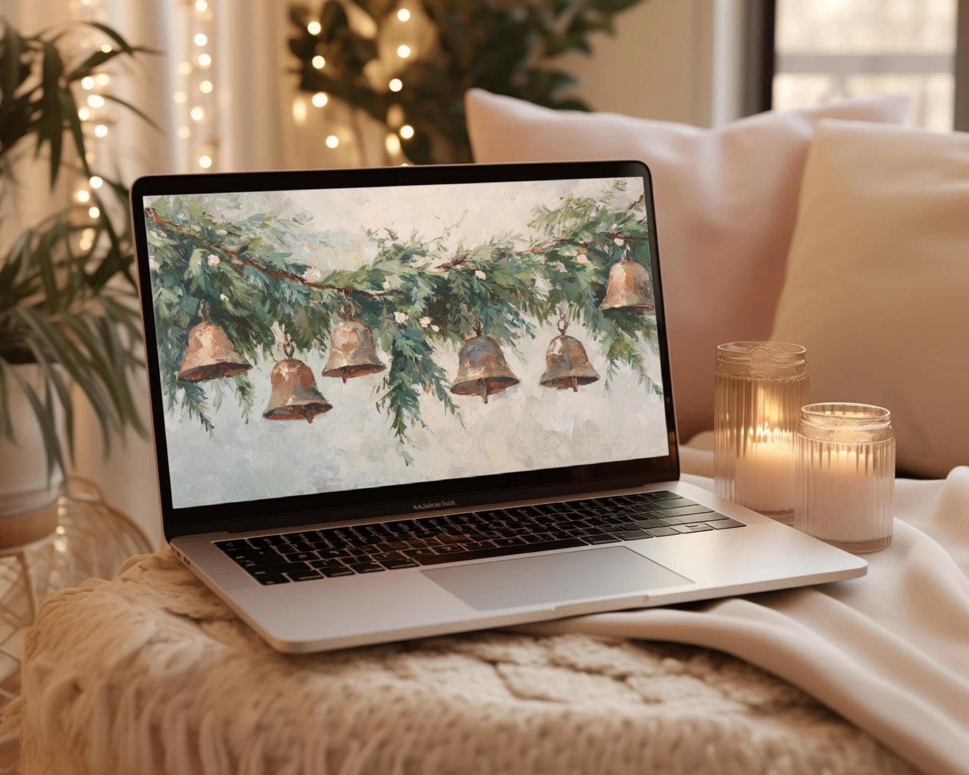 Christmas Bells Desktop Wallpaper, Holiday Macbook Wallpaper, Festive Laptop Background, Vintage Style Painting | WD140