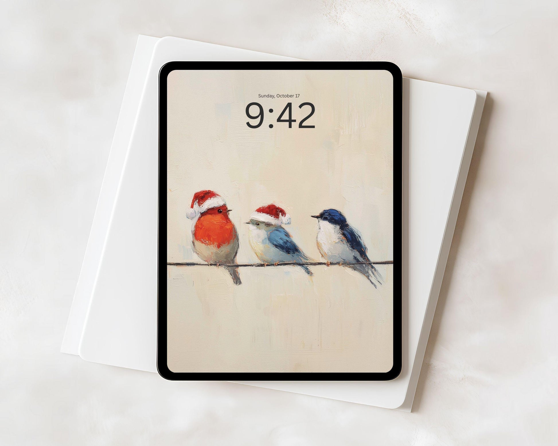 Birds in Santa Hats iPad Wallpaper, Christmas iPad Background, Bird Lover Tablet Wallpaper, Vintage Style Painting | WT141