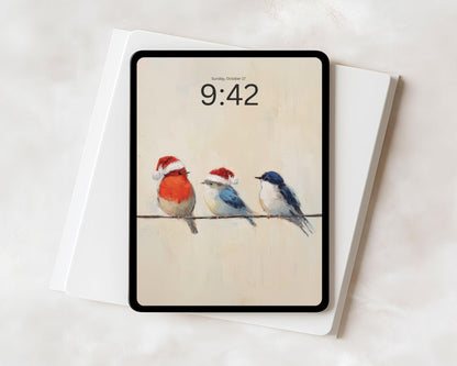 Birds in Santa Hats iPad Wallpaper, Christmas iPad Background, Bird Lover Tablet Wallpaper, Vintage Style Painting | WT141