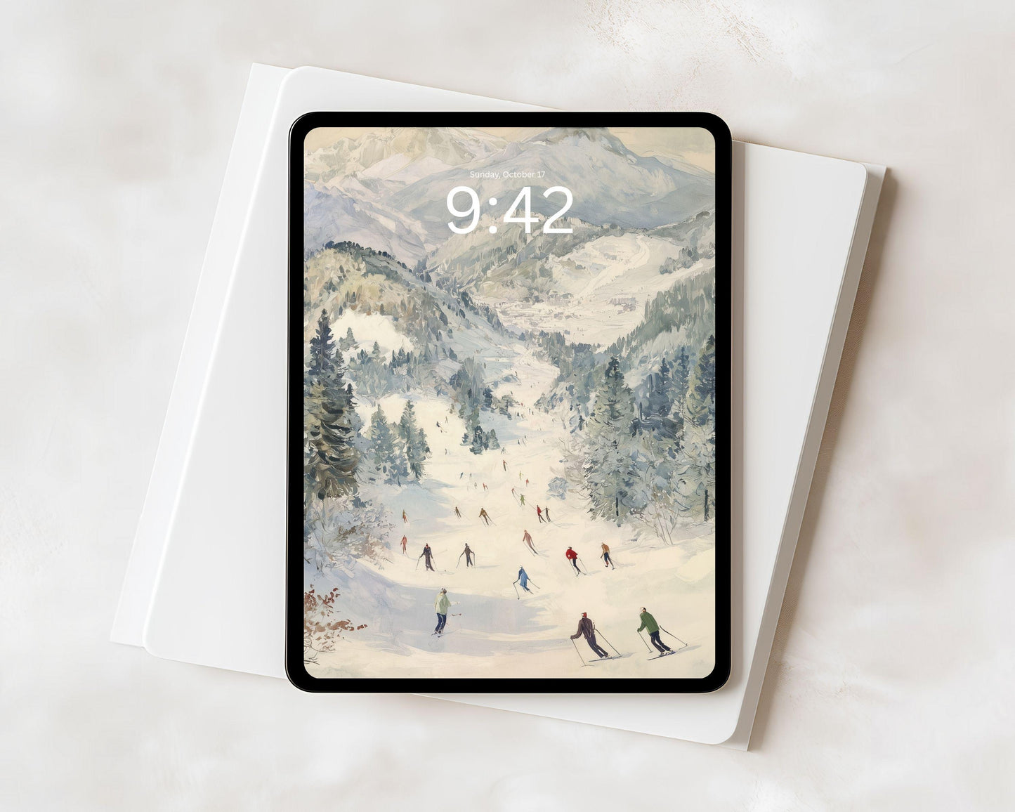 Skiing iPad Wallpaper, Winter Landscape Background, Holiday Tablet Wallpaper, Vintage Style Painting | WT142