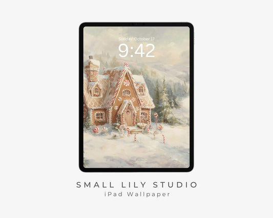 Gingerbread House iPad Wallpaper, Christmas iPad Background, Winter Landscape Tablet Wallpaper, Vintage Style Painting | WT143