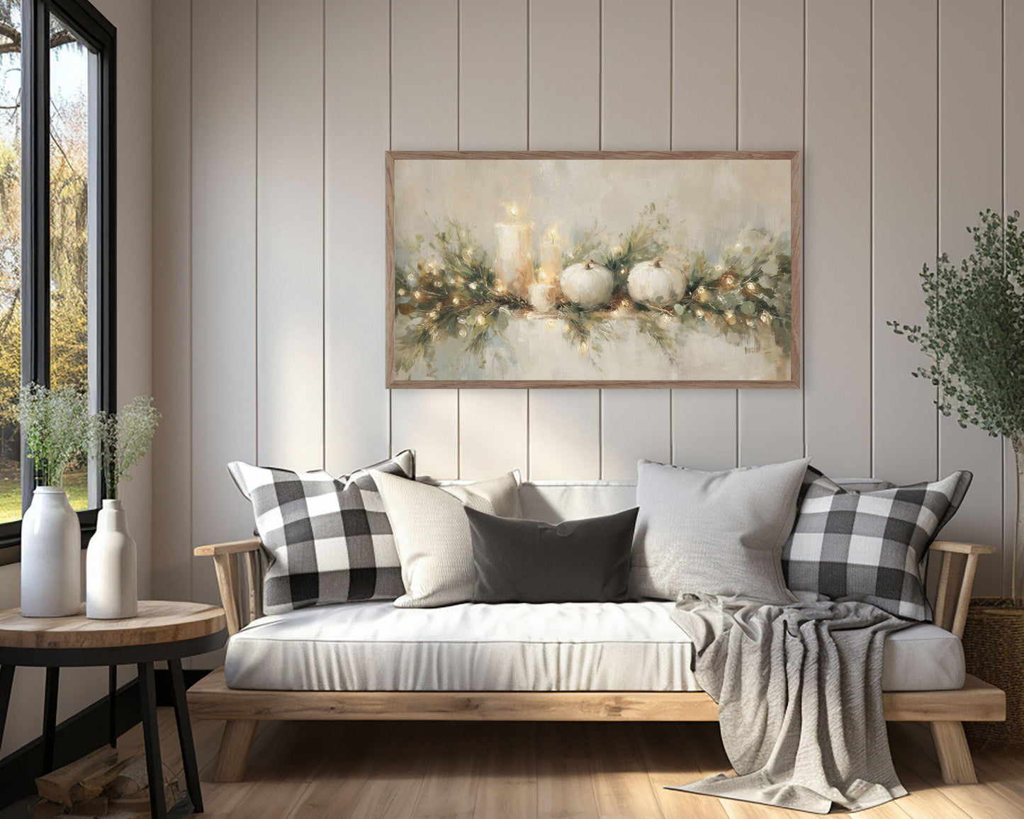 FRAME TV art Thanksgiving Garland, Samsung Frame TV Fall Art White Pumpkins and Candles Vintage Style Painting | TV1029