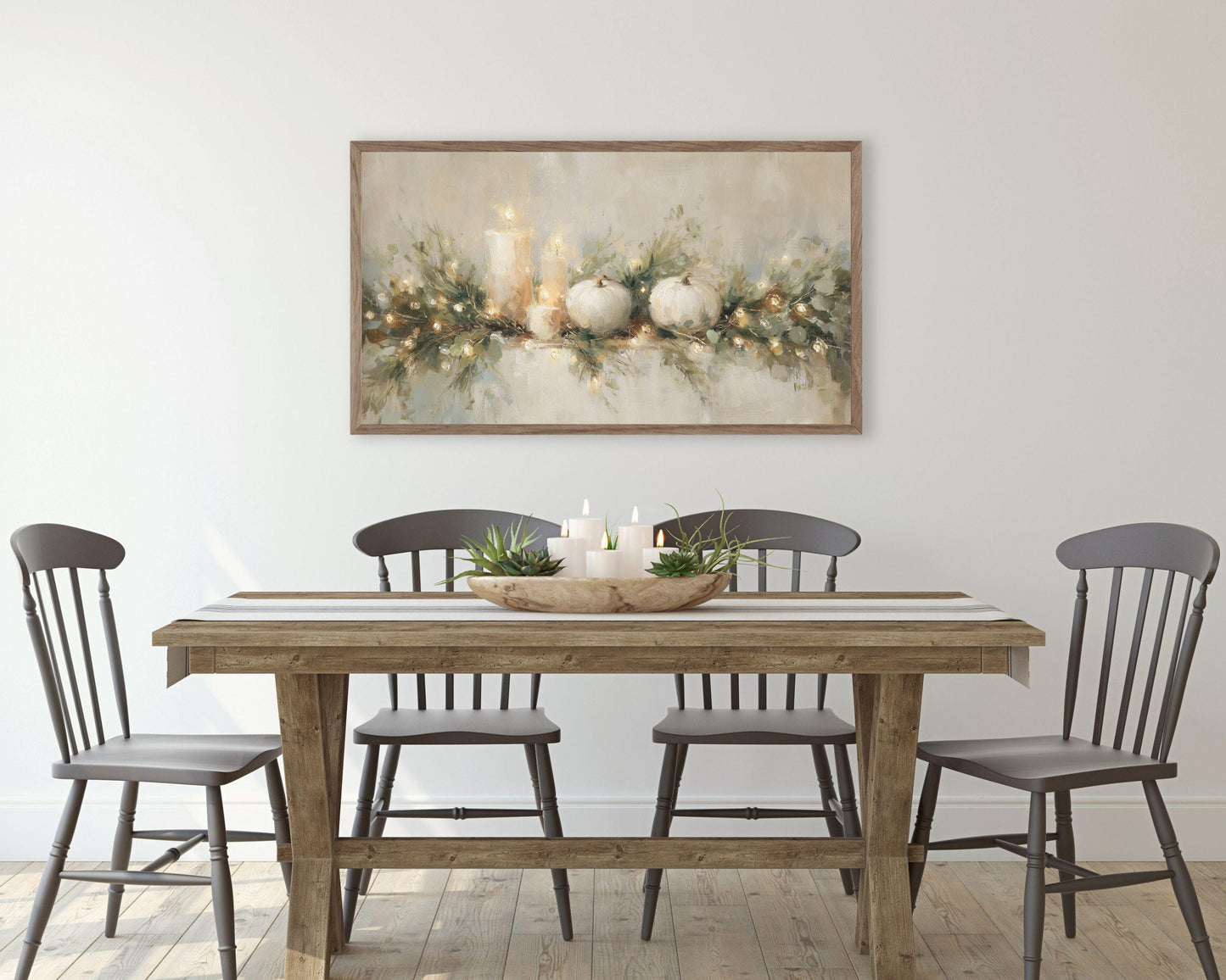 FRAME TV art Thanksgiving Garland, Samsung Frame TV Fall Art White Pumpkins and Candles Vintage Style Painting | TV1029