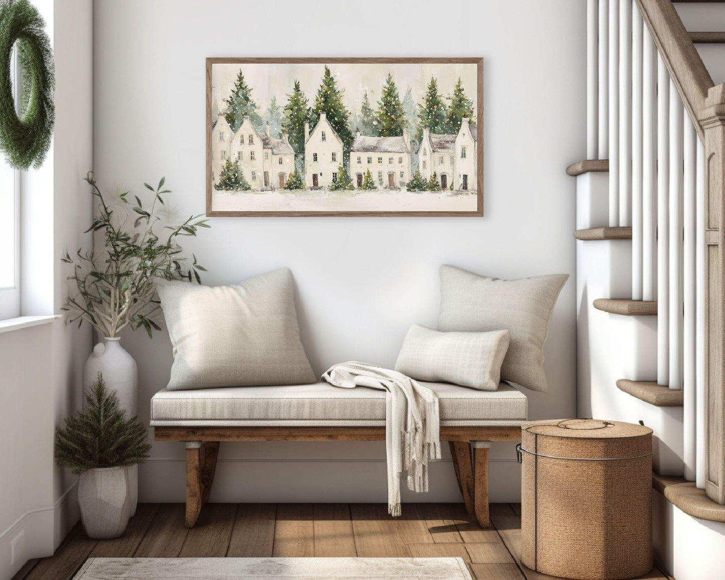 FRAME TV art White Christmas Houses, Samsung Frame TV art Winter Holiday Vintage Style Painting | TV1030