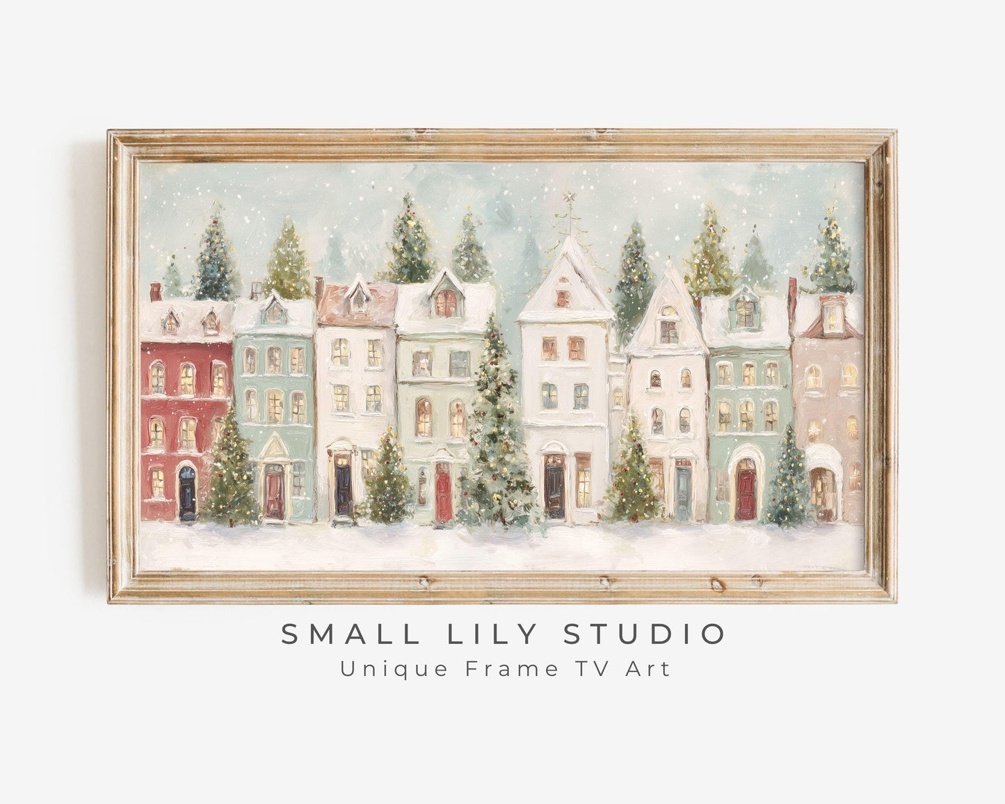 FRAME TV art Pastel Christmas Houses, Samsung Frame TV art Cute Winter Holiday Vintage Style Painting | TV1031