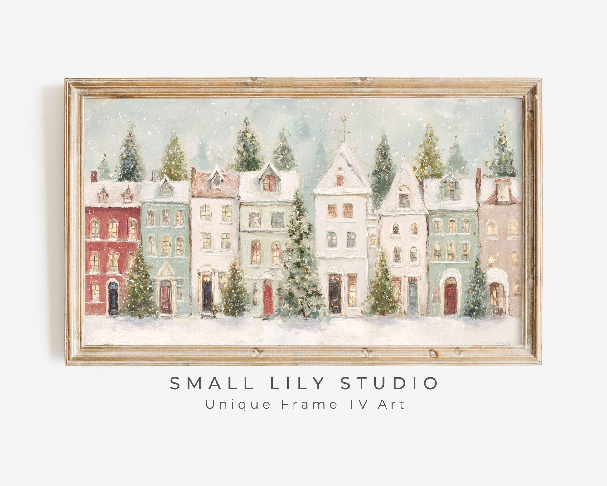 FRAME TV art Pastel Christmas Houses, Samsung Frame TV art Cute Winter Holiday Vintage Style Painting | TV1031