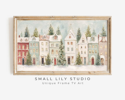 FRAME TV art Pastel Christmas Houses, Samsung Frame TV art Cute Winter Holiday Vintage Style Painting | TV1031