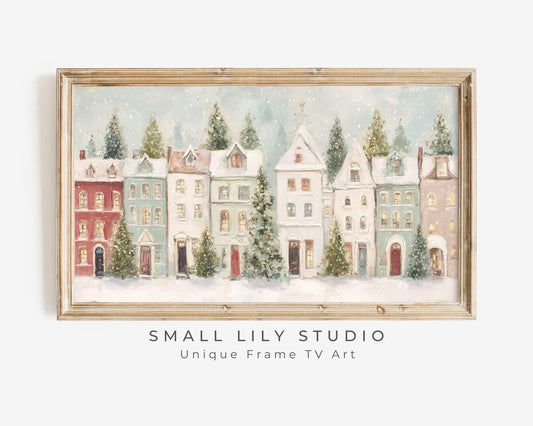 FRAME TV art Pastel Christmas Houses, Samsung Frame TV art Cute Winter Holiday Vintage Style Painting | TV1031