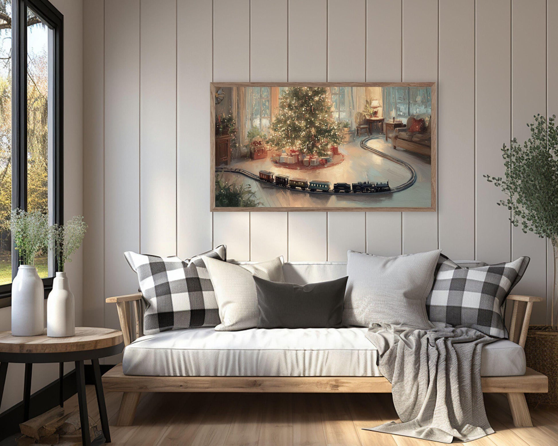 FRAME TV art Toy Train and Christmas Tree, Samsung Frame TV art Cozy Holiday Vintage Style Painting | TV1034