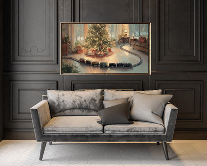 FRAME TV art Toy Train and Christmas Tree, Samsung Frame TV art Cozy Holiday Vintage Style Painting | TV1034