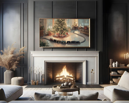 FRAME TV art Toy Train and Christmas Tree, Samsung Frame TV art Cozy Holiday Vintage Style Painting | TV1034