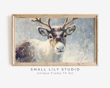 FRAME TV art Reindeer Portrait, Samsung Frame TV art Vintage Style Christmas Painting, Cute Winter Animal Picture | TV1045