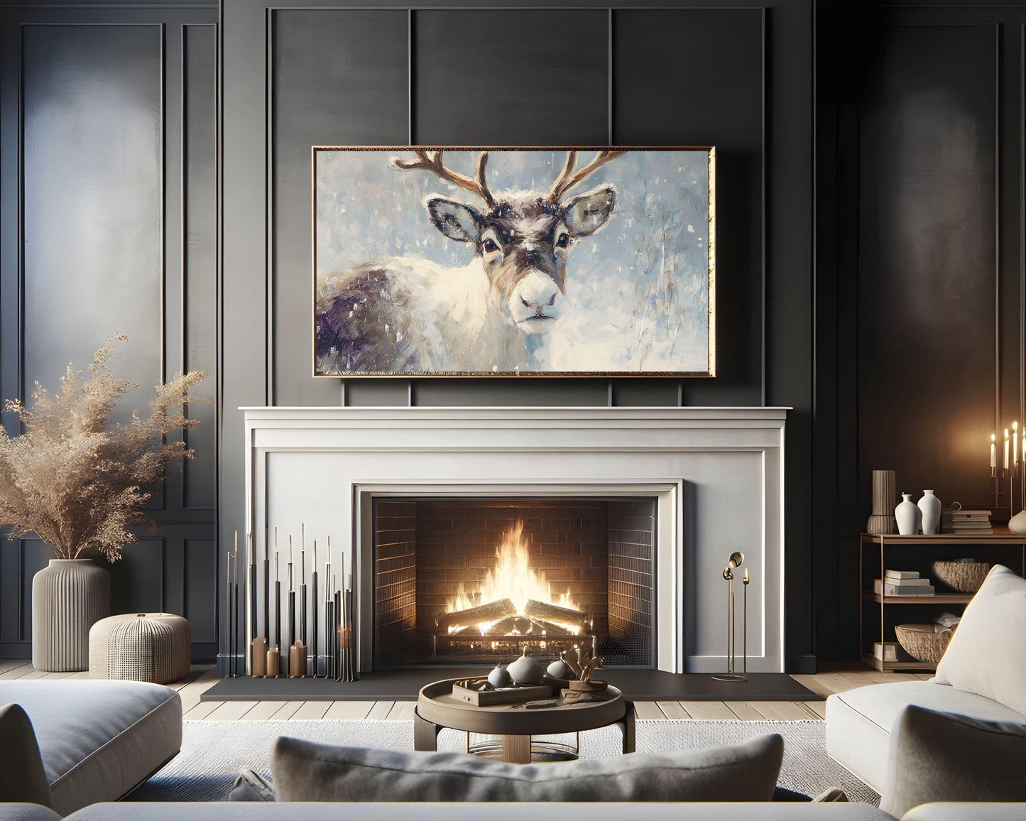 FRAME TV art Reindeer Portrait, Samsung Frame TV art Vintage Style Christmas Painting, Cute Winter Animal Picture | TV1045