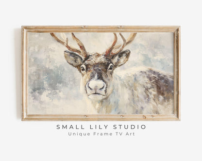 FRAME TV art Reindeer Portrait, Samsung Frame TV art Vintage Style Christmas Painting, Neutral Winter Animal Picture | TV1046