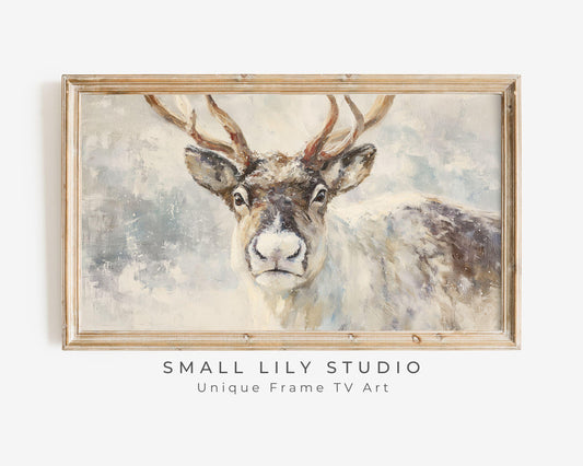 FRAME TV art Reindeer Portrait, Samsung Frame TV art Vintage Style Christmas Painting, Neutral Winter Animal Picture | TV1046