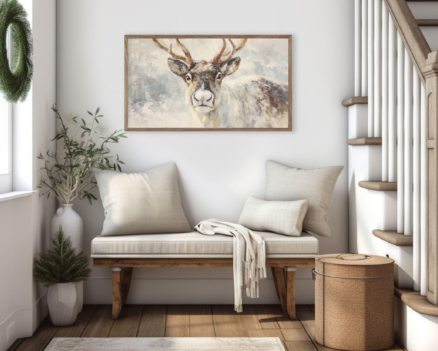 FRAME TV art Reindeer Portrait, Samsung Frame TV art Vintage Style Christmas Painting, Neutral Winter Animal Picture | TV1046