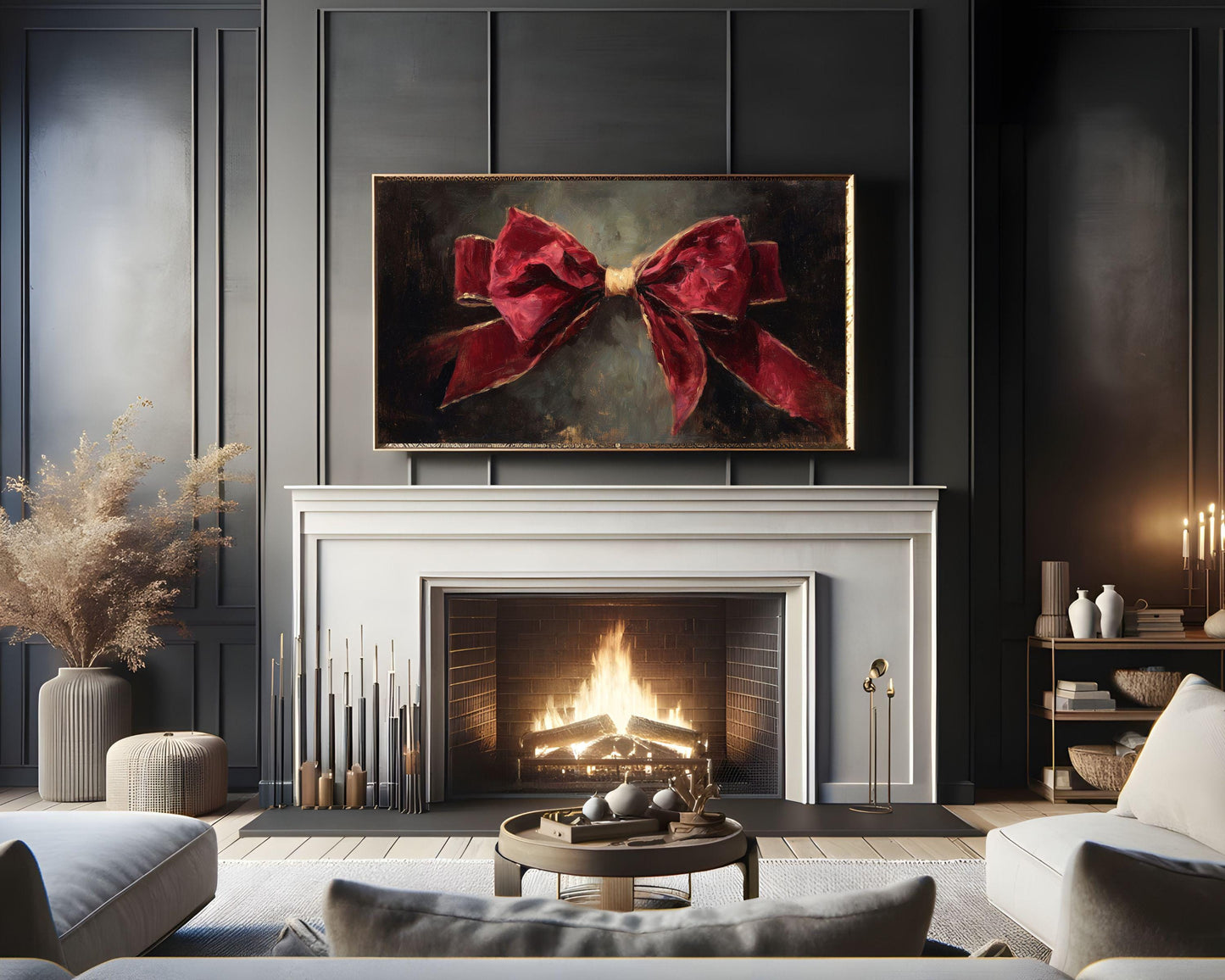 FRAME TV art Red Velvet Bow, Samsung Frame TV art Burgundy Christmas Vintage Style Painting | TV1053