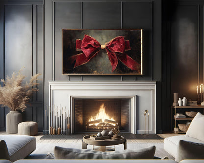 FRAME TV art Red Velvet Bow, Samsung Frame TV art Burgundy Christmas Vintage Style Painting | TV1053