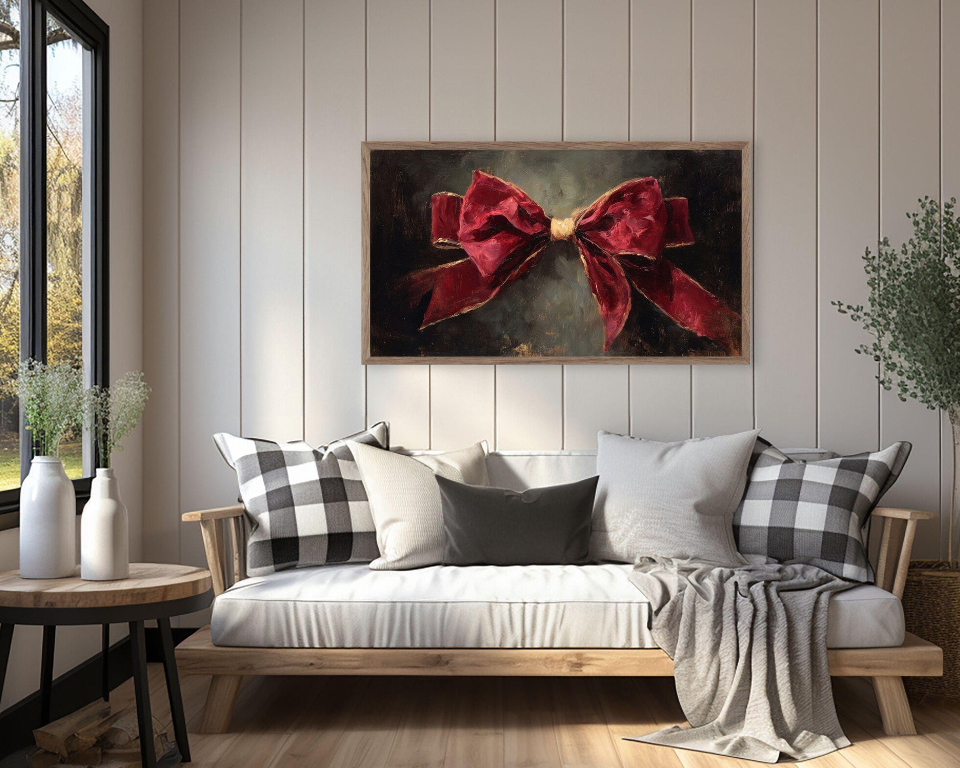 FRAME TV art Red Velvet Bow, Samsung Frame TV art Burgundy Christmas Vintage Style Painting | TV1053