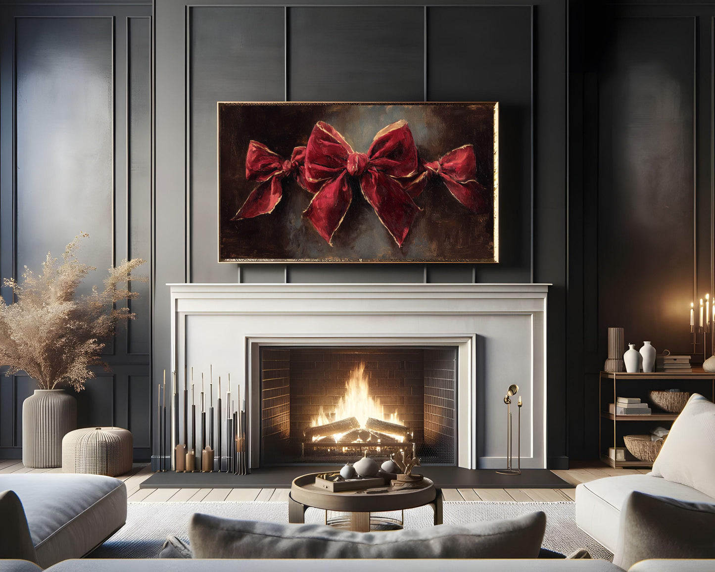 FRAME TV art Red Velvet Bows, Samsung Frame TV art Burgundy Christmas Vintage Style Painting | TV1054