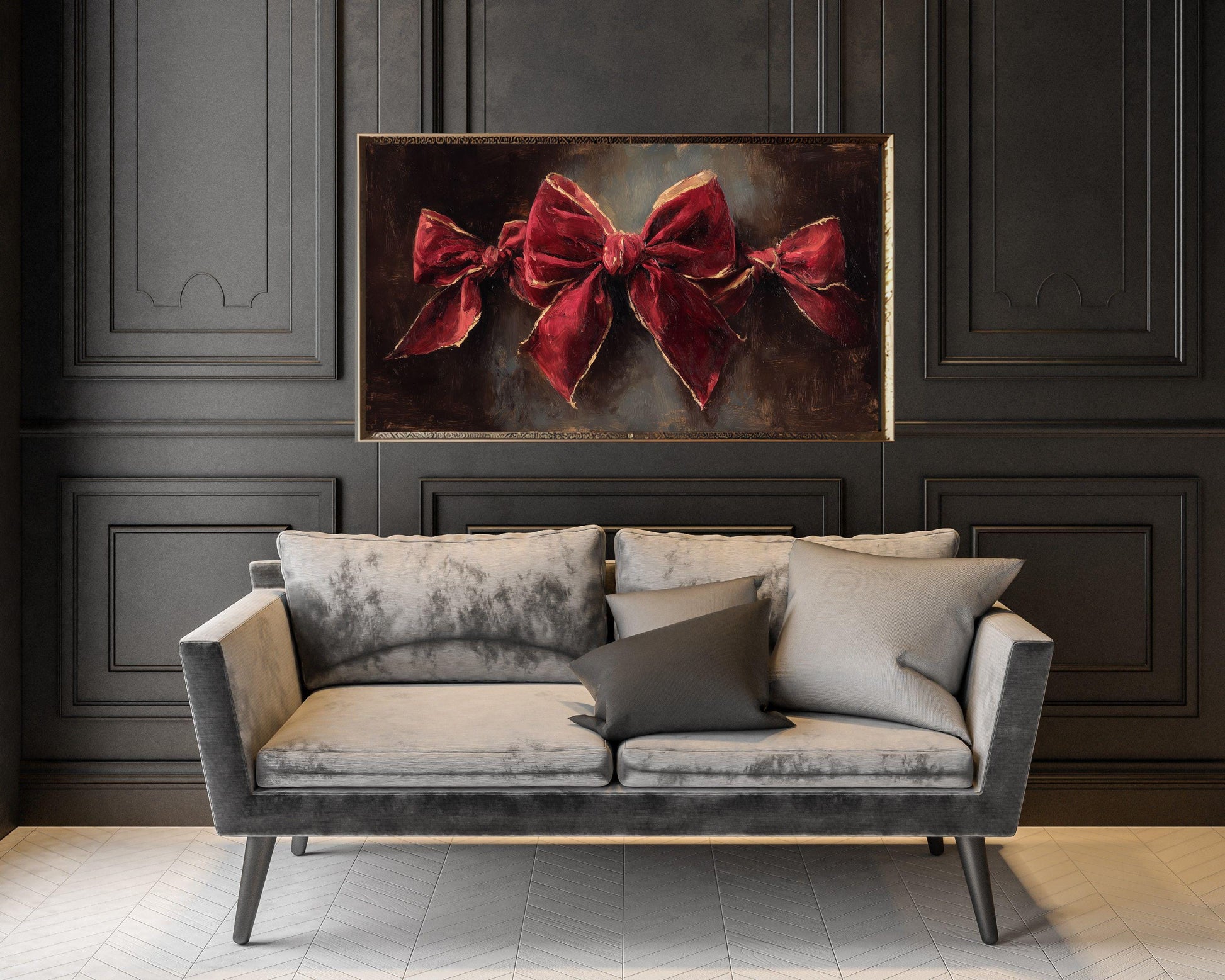 FRAME TV art Red Velvet Bows, Samsung Frame TV art Burgundy Christmas Vintage Style Painting | TV1054