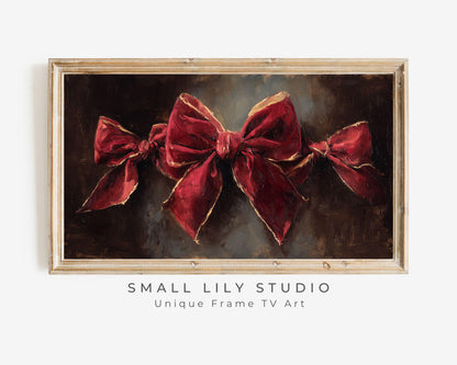 FRAME TV art Red Velvet Bows, Samsung Frame TV art Burgundy Christmas Vintage Style Painting | TV1054