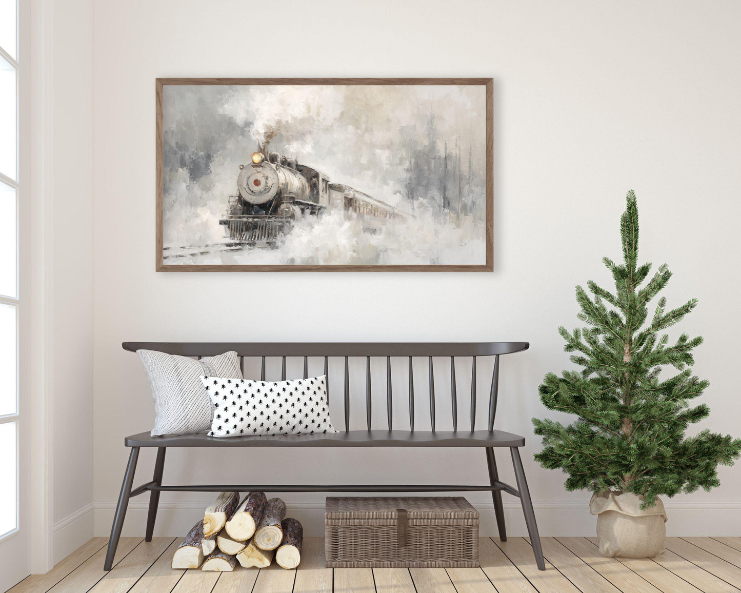 FRAME TV art Winter Train, Samsung Frame TV art Neutral Minimalist Painting | TV1057